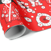 猫日本の人形 – こけしと招き猫 ラッピングペーパー (ロールコーナー)