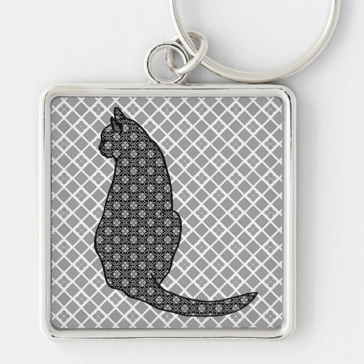 猫日本の白黒着物プリント キーホルダー (正面)