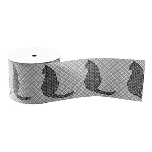 猫日本の白黒着物プリント グログランリボン (リール)