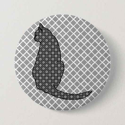 猫日本の白黒着物プリント 缶バッジ (正面)