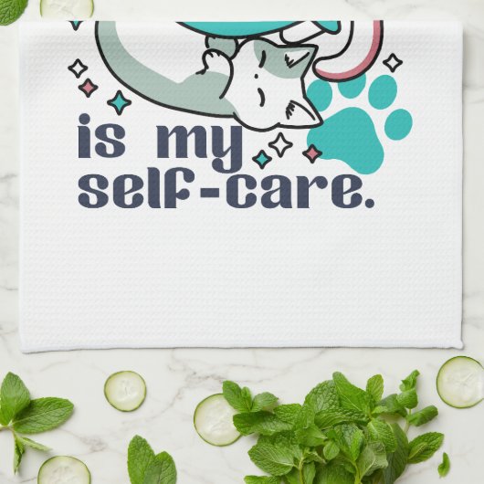 猫昼寝は私の自己主気に張：かわいい眠い猫 キッチンタオル (折り畳み)