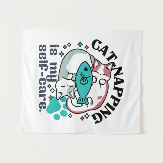 猫昼寝は私の自己主気に張:かわいい眠い猫 タペストリー (正面(横))