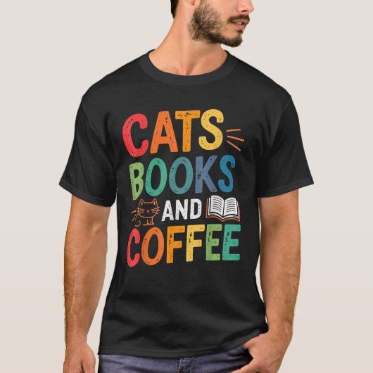 猫書籍とコーヒー好き Tシャツ (正面)