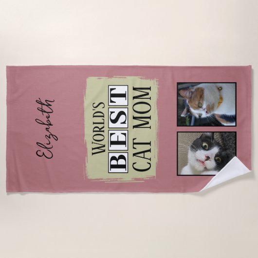 猫最高の母さん2写真名ピンク・グリーン ビーチタオル (正面)