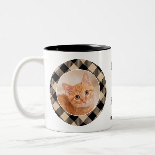 猫最高の母は常にバッファローPlaidベージュ写真名 ツートーンマグカップ (左)