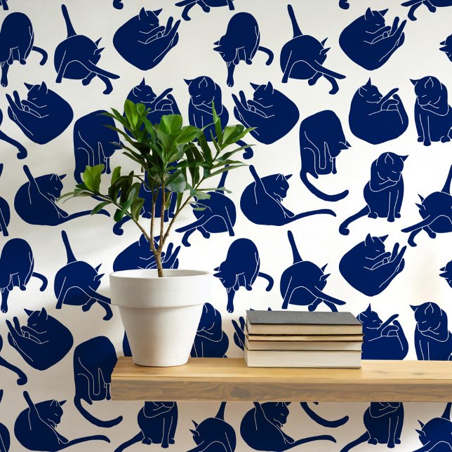 猫柄（青と白） 壁紙 (Navy indigo blue and white cat wallpaper)
