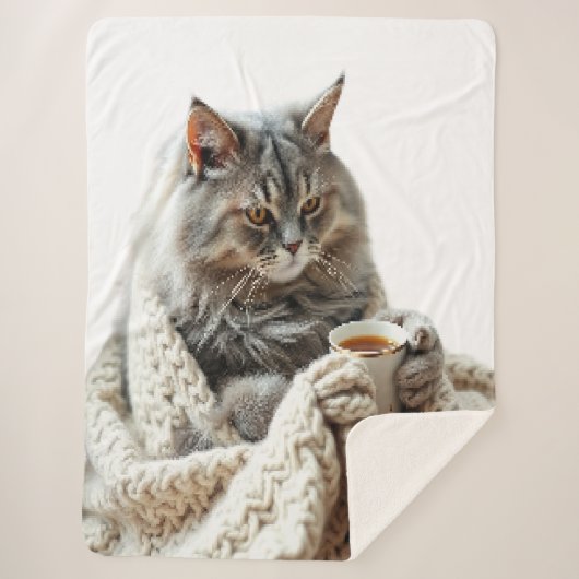 猫楽しむ冬茶 シェルパブランケット (正面)
