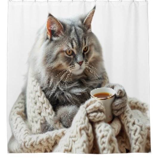 猫楽しむ冬茶 シャワーカーテン (正面)