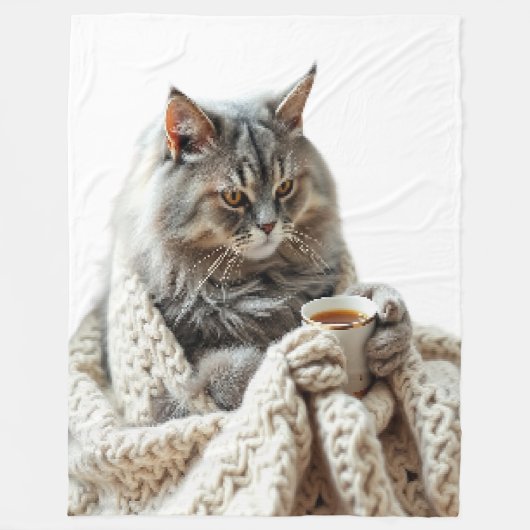 猫楽しむ冬茶 フリースブランケット (正面)