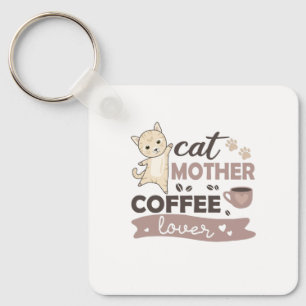 猫母コーヒー好きかわいい猫女性 キーホルダー