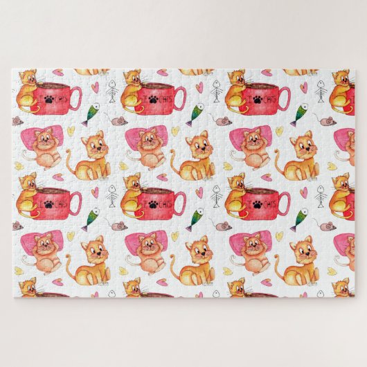 猫水熱狂する彩おもしろい漫画魚ネズミ ジグソーパズル (横)