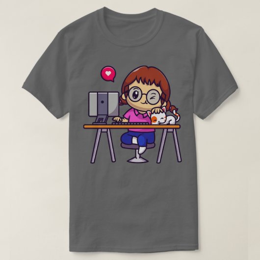 猫漫画でコンピューターに取り組むかわいい女の子 Tシャツ (デザイン正面)