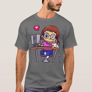 猫漫画でコンピューターに取り組むかわいい女の子 Tシャツ