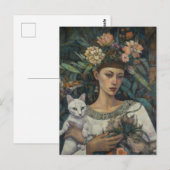 猫熱帯花を飼っている女性 ポストカード (正面/裏面)