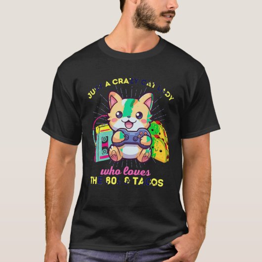 猫熱狂するゲーム好きのキャットレディ80年代 Tシャツ (正面)