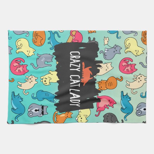 猫熱狂する婦人かわいよくはしゃぐ猫柄 キッチンタオル (横)