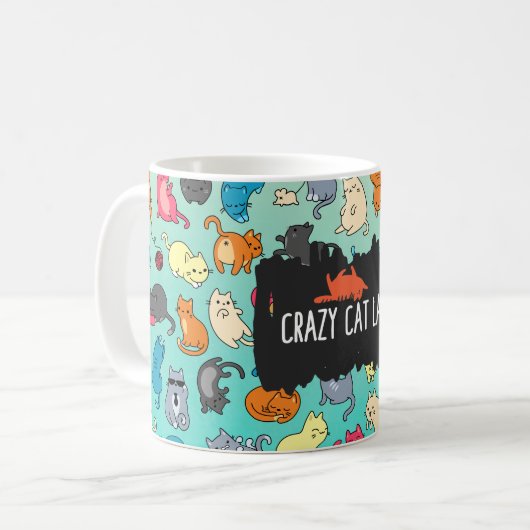 猫熱狂する婦人かわいよくはしゃぐ猫柄 コーヒーマグカップ (正面左)