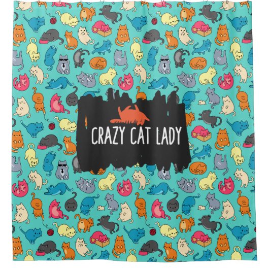 猫熱狂する婦人かわいよくはしゃぐ猫柄 シャワーカーテン (正面)