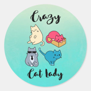 猫熱狂する婦人と4匹のかわいい猫 ラウンドシール