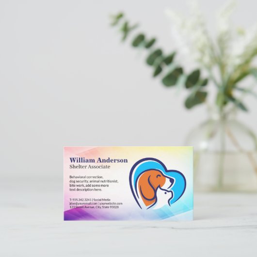 猫犬のハートロゴ |動物サービス 名刺 (スタンド正面)