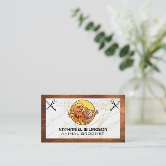 猫犬のロゴ | ペットグルーミングはさみ 名刺 (スタンド正面)