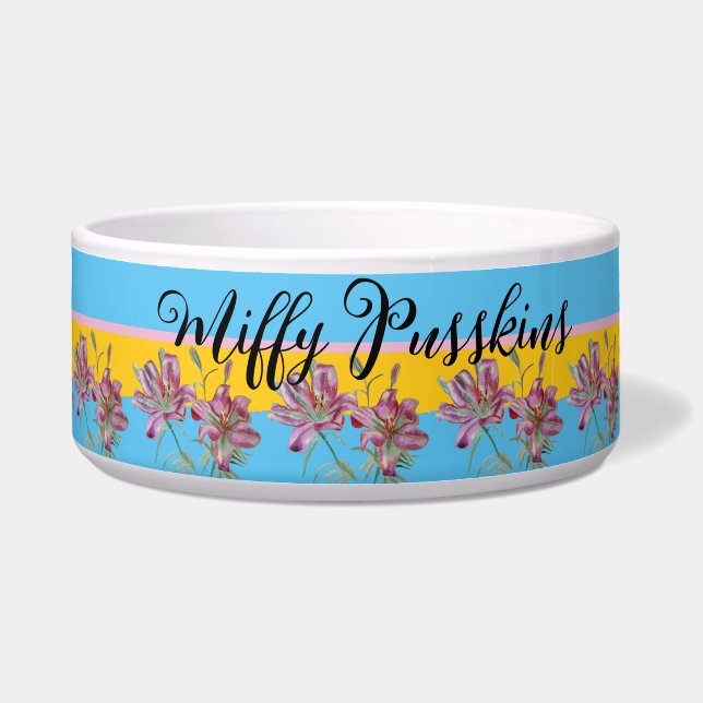 猫犬みすぼらしいフローラピンクのリリーかわいいペットの名前 ボウル (正面)