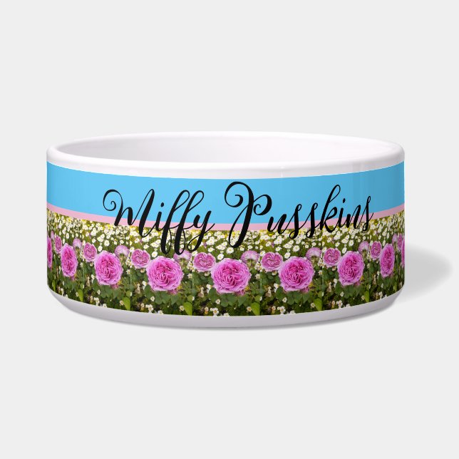 猫犬みすぼらしいフローラピンクのローズのペット名 ボウル (正面)