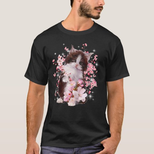 猫用の雌猫ピンクの花 Tシャツ (正面)