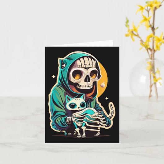 猫用ワイシャツのレイジーハロウィーンを持つアニメのスケルトン カード (黄色い花)