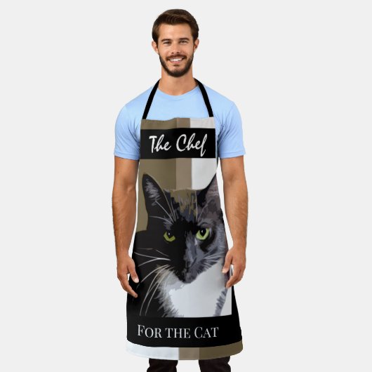 猫白黒オールオーバープリントエプロンのシェフ エプロン (着用した状態)