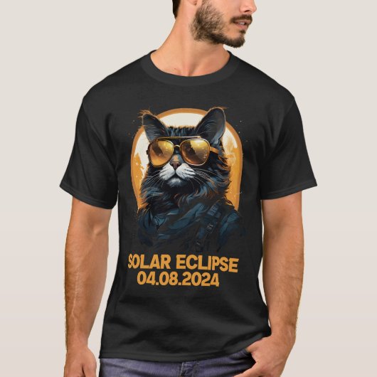 猫皆既食2024太陽の年4月8日天文学 Tシャツ (正面)