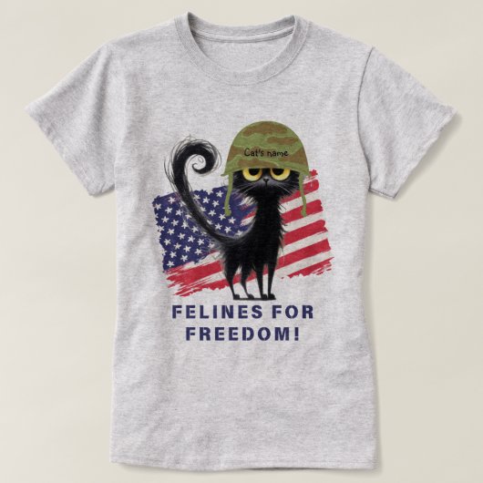 猫科の動物FOR FREEDOM, Patriotic Cat in Army Helmet Tシャツ (デザイン正面)