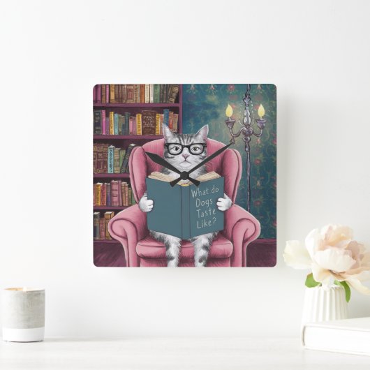 猫笑わされるの本の読写真 スクエア壁時計 (ホーム)