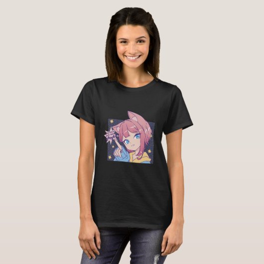 猫耳かわいいアニメの少女 Tシャツ (正面フル)