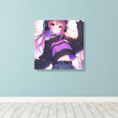 猫耳かわいらし付きヘッドフォンを身に着けたアニメ少女 キャンバスプリント (インサイチュ (ウッドフロア))