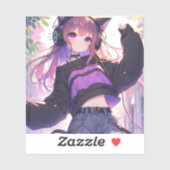 猫耳かわいらし付きヘッドフォンを身に着けたアニメ少女 シール (シート)