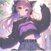 猫耳かわいらし付きヘッドフォンを身に着けたアニメ少女 シール (正面)