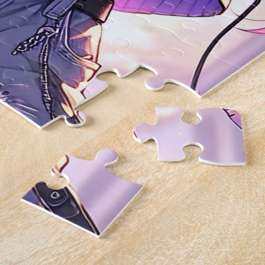 猫耳かわいらし付きヘッドフォンを身に着けたアニメ少女 ジグソーパズル (側面)