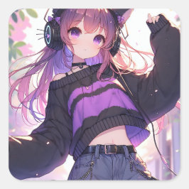 猫耳かわいらし付きヘッドフォンを身に着けたアニメ少女 スクエアシール