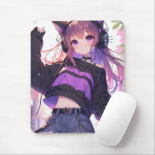 猫耳かわいらし付きヘッドフォンを身に着けたアニメ少女 マウスパッド (マウス)
