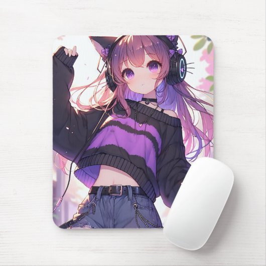 猫耳かわいらし付きヘッドフォンを身に着けたアニメ少女 マウスパッド (マウス)