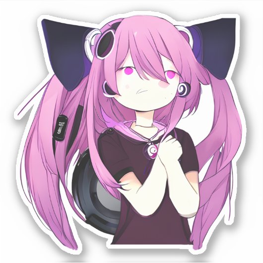 猫耳の甘い紫と黒のアニメガール シール (正面)