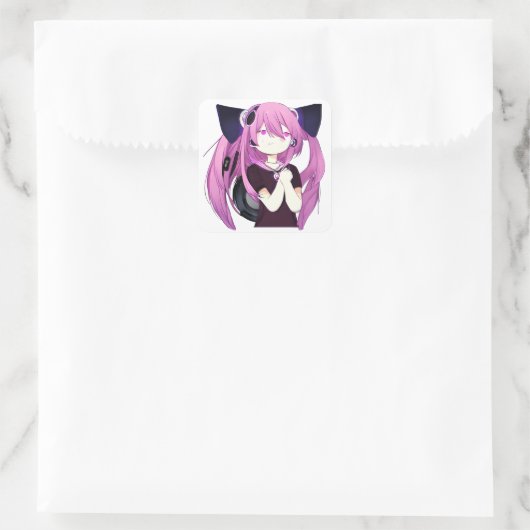 猫耳の甘い紫と黒のアニメガール スクエアシール (バッグ)