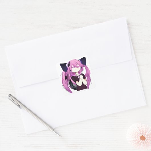 猫耳の甘い紫と黒のアニメガール スクエアシール (封筒)
