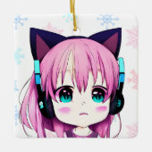 猫耳ヘッドバンドクリスマスを飾るアニメガール セラミックオーナメント (正面)