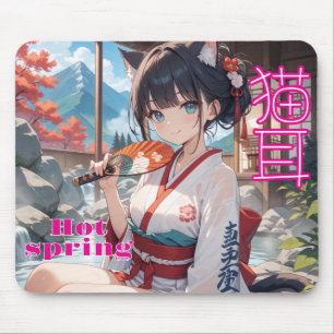 猫耳少女が温泉に入るイラスト マウスパッド