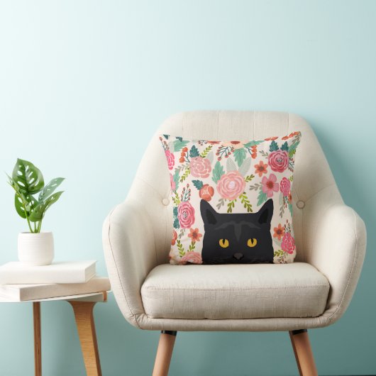 猫花模様枕 – 黒猫かわいい猫レディーギフト クッション (椅子)