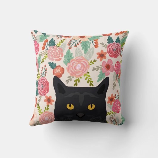 猫花模様枕 – 黒猫かわいい猫レディーギフト クッション (裏面)