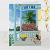 猫芸術コテージ付き海辺誕生日カード カード (黄色い花)