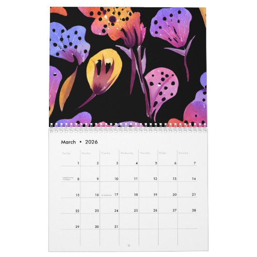 猫芸術的と水彩変化する花 カレンダー (3月 2026)